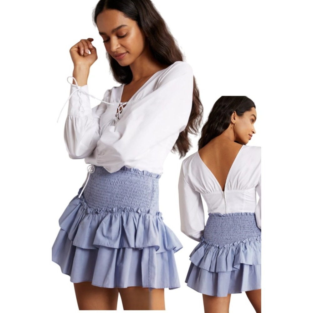Anthropologie En Saison Ruffled Smocked Mini Skirt Blue Size M